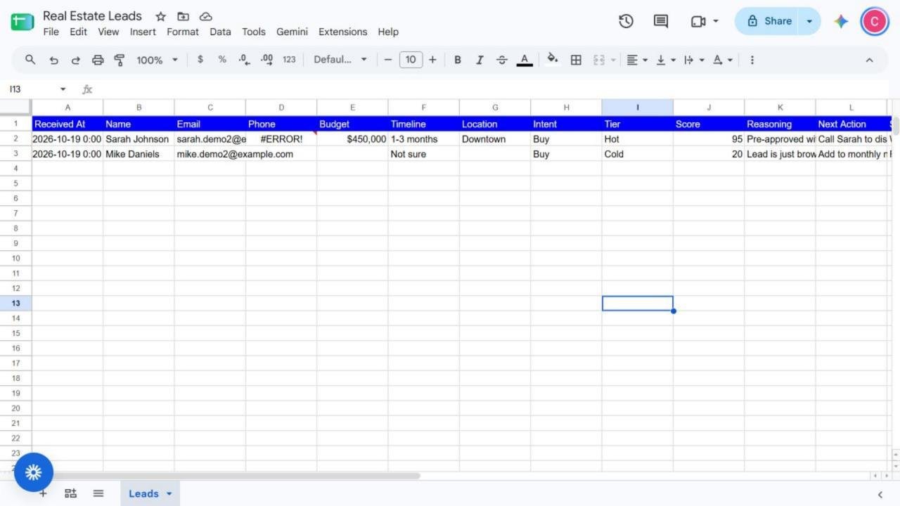 Real Estate AI Lead Qualifier: Both test leads logged in Google Sheets
